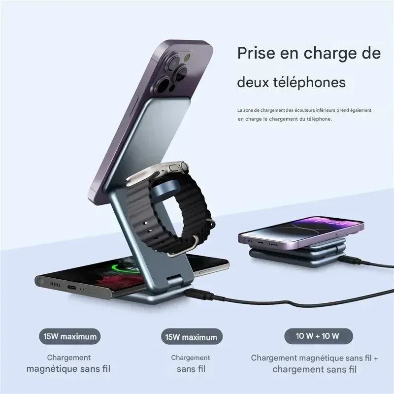 Station de Charge Sans Fil 3 en 1 Magnétique Pliable pour iPhone