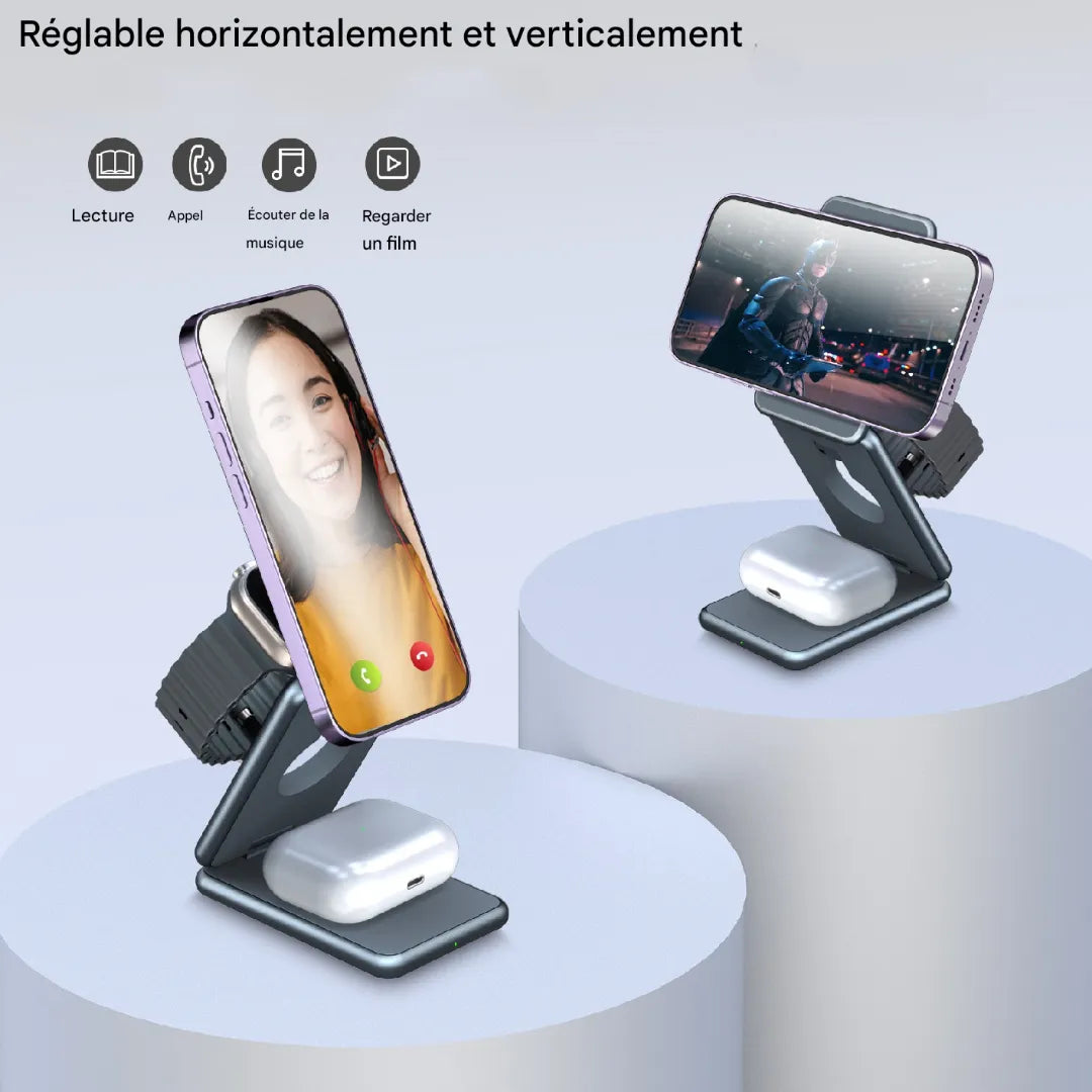 Station de Charge Sans Fil 3 en 1 Magnétique Pliable pour iPhone