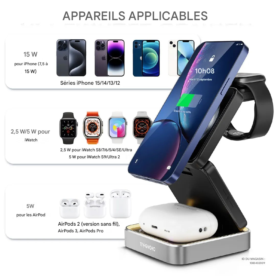 Chargeur Sans Fil 3-en-1 Pliable pour iPhone