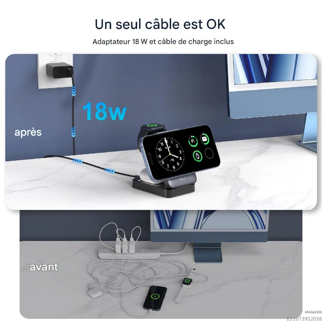 Chargeur sans fil 3-en-1 premium – Charge rapide, pliable pour Iphone